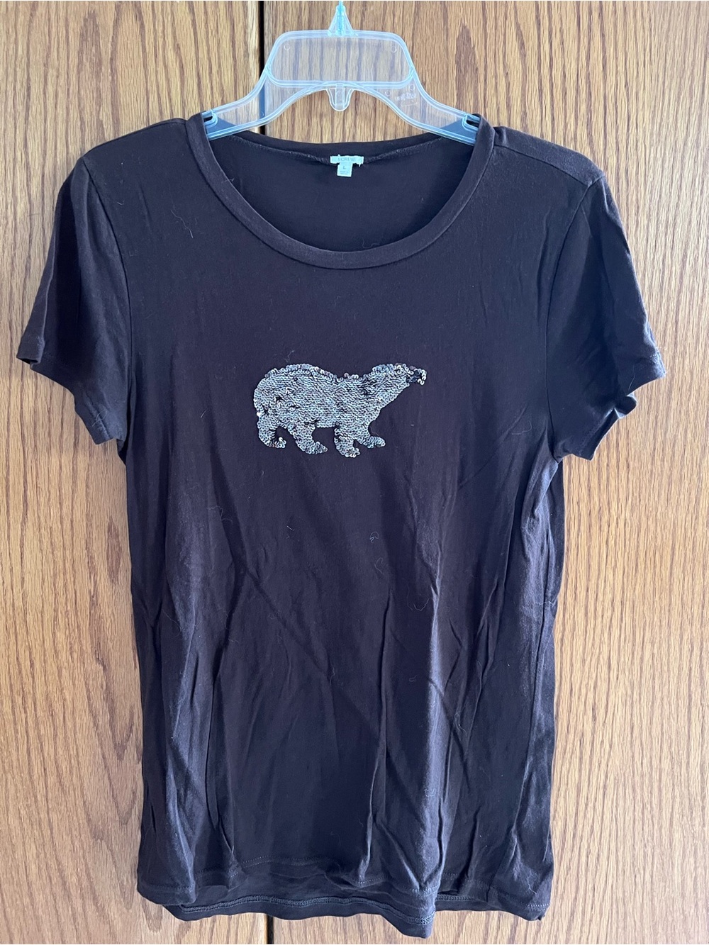 J. Crew Dark Brown Crewneck Tee with Sequin Bear Motif